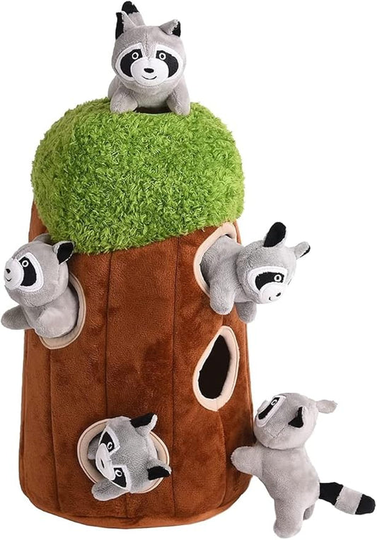 Dog Puzzle Plush Toy Tree with Squeaky Raccoons, Interactive Hide and Seek Fun, Promotes Mental Stimulation, Large Size, Brown/Gray Plush, 5-Pack (Raccoon in Tree, Large)