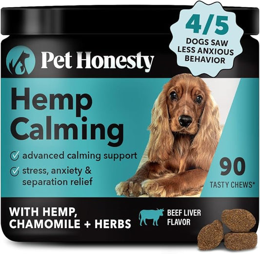 Natural Hemp Calming Chews for Dogs - Dog Anxiety Relief - Calming Aid Supplement with Valerian Root, Chamomile, + Magnesium - Stress, Separation & Thunder Support - (Beef Liver, 90 Count)