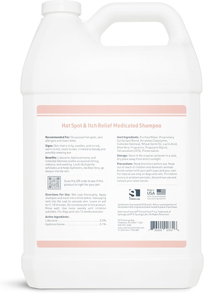 Veterinary Formula Clinical Care Hot Spot & Itch Relief Medicated Shampoo for Dogs and Cats 128oz – Helps Alleviate Sensitive Skin, Scratching, and Licking of Coat