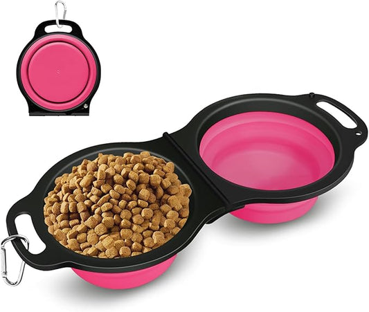 Collapsible Silicone Cat and Dog Travel Bowls,2 in 1 Foldable Pet Feeding and Watering Dish for Walking Camping Hiking with Carabiner (Rose Red)