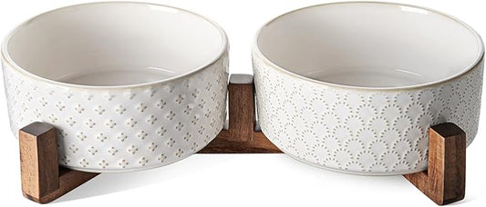LE TAUCI Ceramic Dog Bowls, Set with Acacia Wood Stand, 7 Inch Food and Water Bowl for Medium Large Dogs