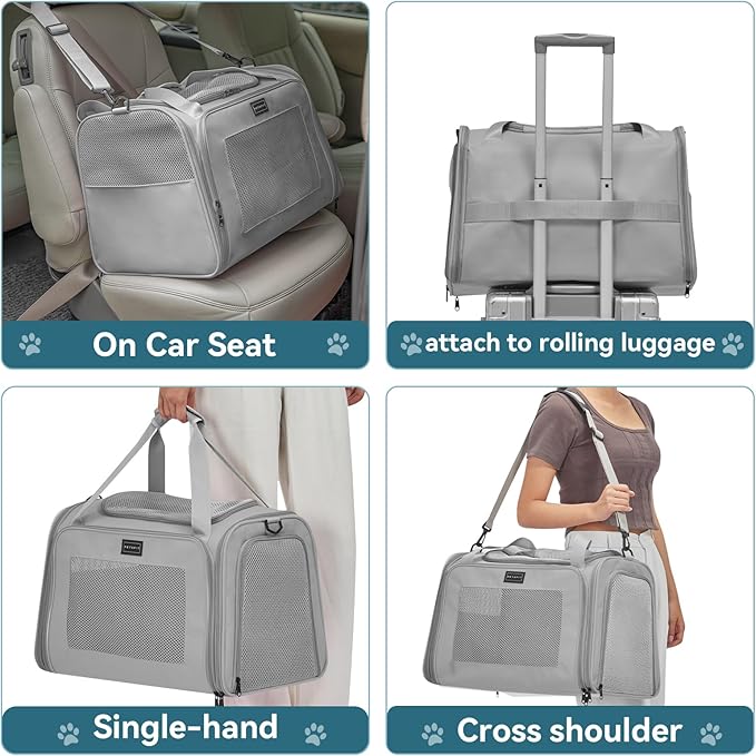 PETSFIT Dog Carrier Cat Carriers for Puppies, Medium Cats up to 15Lbs, Travel Soft Sided Pet Carrier (Large, Grey)
