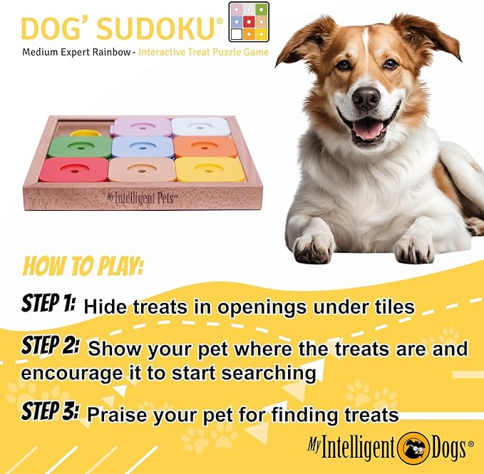 Interactive Sudoku Puzzle for Medium Dogs and Cats - Expert Brain Pet Toy - 9 Treat-Hiding Holes, Medium Wood and Plastic Design