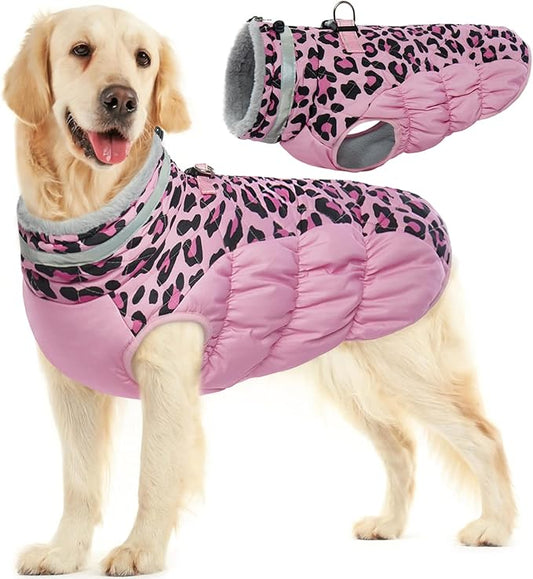FUAMEY Dog Winter Coat - Cold Weather Jacket with Zipper, Built-in Harness, Padded Vest, Water Resistant, Reflective - Pink Leopard, Small to Large