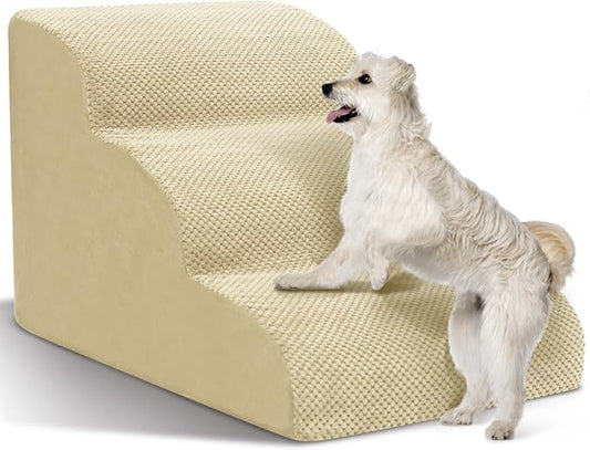Dog Stairs for Small Dogs - High Density Foam Pet Steps, Extra Wide Dog Ramp with Non-Slip Bottom for High Beds, Couch and Sofa, Best for Dogs Injured, Older Doggy Cats,3 Steps, Camel