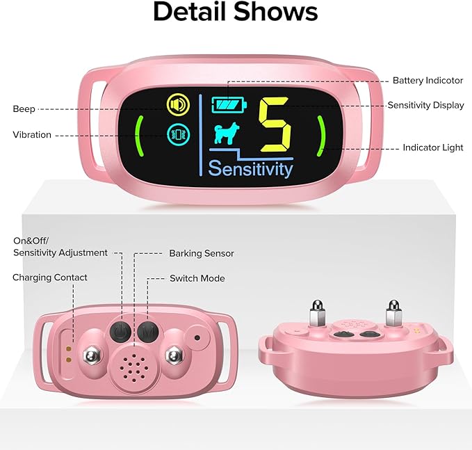 Dog Bark Collar, Rechargeable Smart Collar, Anti Barking Training Collar with 5 Adjustable Sensitivity Beep Vibration, Bark Collar for Large Medium Small Dogs (Pink)