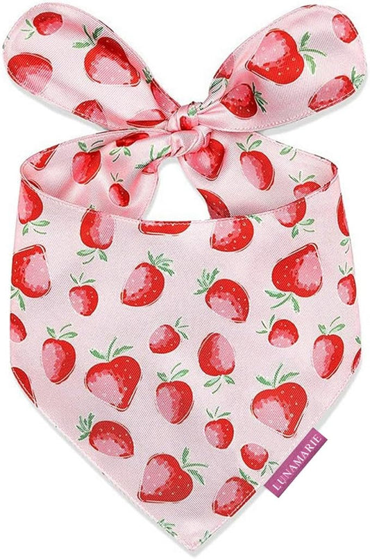 Luxury Pet Birthday Bandanas -Premium & Silky Poly Fabric | 100% Handmade | Custom Shape Dual Layered (Strawberry, X-Small)