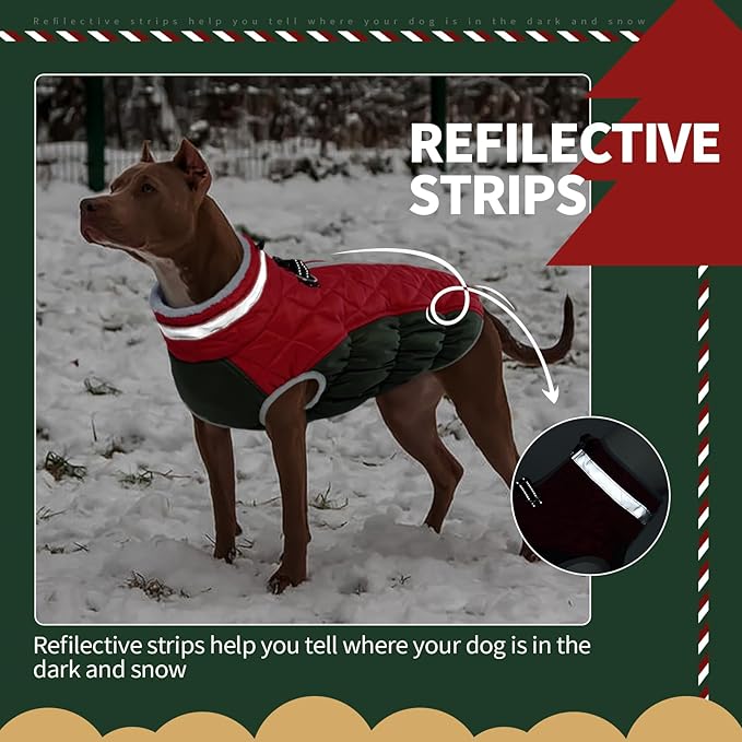 FUAMEY Dog Winter Jacket,Dog Cold Weather Coats Paded Dog Vest with Harness Built in Pet Warm Clothes Dog Apparel with Back Zipper Dog Water Resistant Coat for Small Medium Large Dogs Christmas L