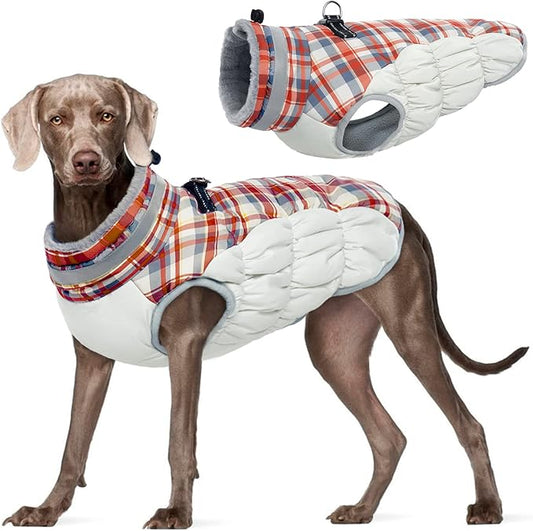 FUAMEY Dog Winter Coat, Jacket with Built-in Harness, Padded Vest, Reflective Clothes for Small to XXXL Dogs, Red Plaid