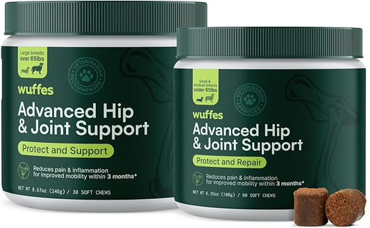 Wuffes Advanced Dog Hip and Joint Supplement with Glucosamine, Chondroitin, Omega 3, MSM, and Green Lipped Mussel, (Pack of 2, Small & Large Breed)