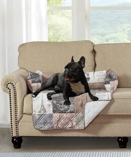 Brilliant Sunshine Quilted Calming Dog Bed Mat, Removable Washable Cover, Cushion Protector and Couch Covers for Dogs, Pets, Cats, Medium, Latte Grey Paris and Toile Floral Patchwork