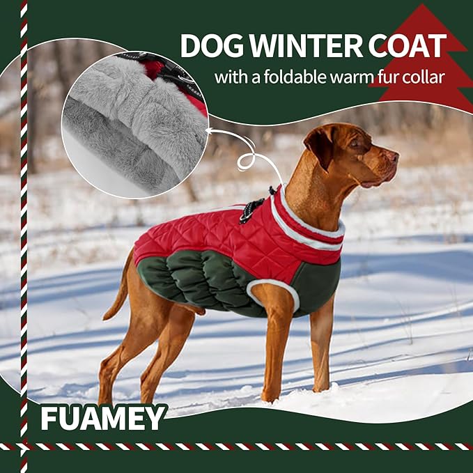 FUAMEY Dog Winter Jacket,Dog Cold Weather Coats Paded Dog Vest with Harness Built in Pet Warm Clothes Dog Apparel with Back Zipper Dog Water Resistant Coat for Small Medium Large Dogs Christmas L