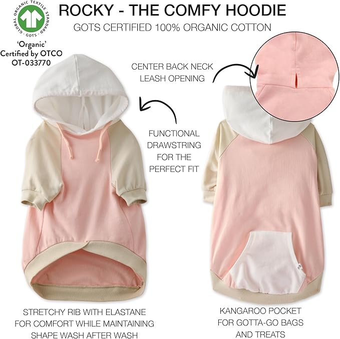 100% Organic Cotton Rocky - The Comfy Dog Hoodie Pet Coat for Small, Medium and Large Dogs, Pink Color Block, Medium