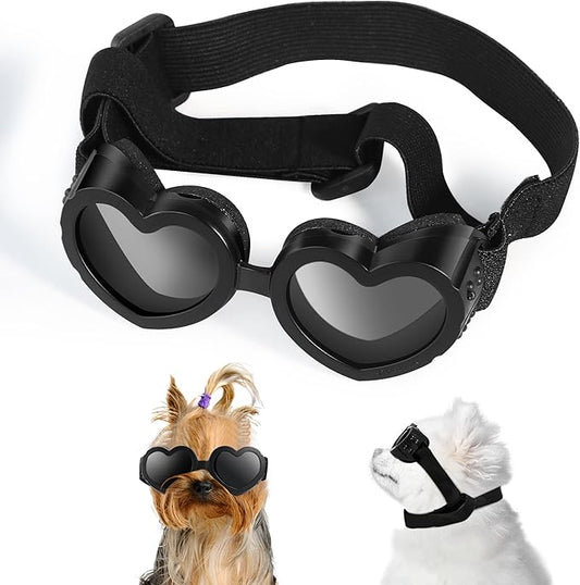Small Breed Dog Sunglasses, UV Protection with Adjustable Strap, Heart-Shaped Goggles for Waterproof, Windproof, Anti-Fog Eye Protection, Beach Accessories (Black)