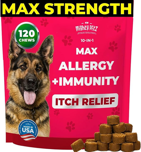 Mighty Petz MAX Dog Allergy Relief Chews - Itch Relief with Colostrum, Probiotics & Immune Support for Seasonal Allergies & Itchy Skin