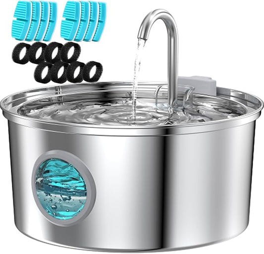 Cat Water Fountain Stainless Steel: Cat Fountain for Drinking - 108oz/3.2L Pet Water Fountain for Cats Indoor - Quiet Water Fountain for Cats - Faucet Pet Fountain - Contains 8 Filters + 8 Sponges