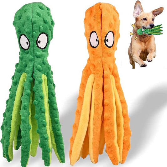 Squeaky Dog Toys, Crinkle Interactive Plush Chew Dog Toy Octopus for Hide and Seek and Puppy Teething, Perfect for Puppies, Small and Medium Dogs, 2 Pack (Orange+Green)