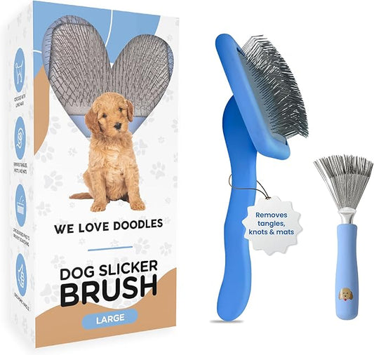 Slicker Brush for Dogs, Grooming Supplies - Best Doodle & Poodle Comb for Long Haired Dogs - Goldendoodle Long Pin Dentangler For Dematting (Large) (Large Slicker & Cleaner)