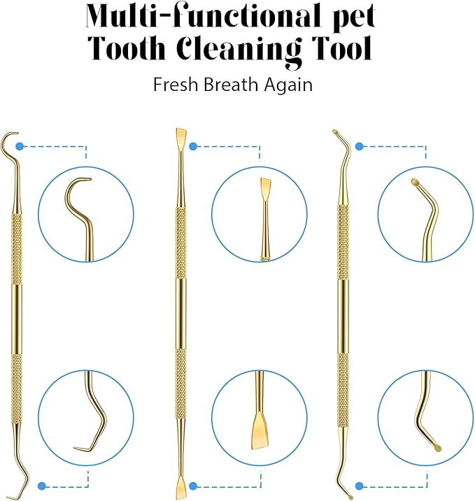 3 Pieces Dog Dental Tooth Scaler and Scraper Stainless Double Headed Tarter Removing Tool Scraper Pet Teeth Cleaning Tools for Dog and Cat(Gold)