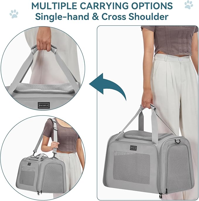 PETSFIT Dog Carrier Cat Carriers for Puppies, Medium Cats up to 15Lbs, Travel Soft Sided Pet Carrier (Large, Grey)