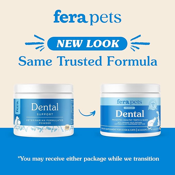Fera Pet Organics Dental Support Powder for Dogs & Cats, Pet Breath Freshener, 60 Scoops, Vet Created, Promotes Healthy Teeth & Gums, Postbiotics & Enzymes Support Oral Health