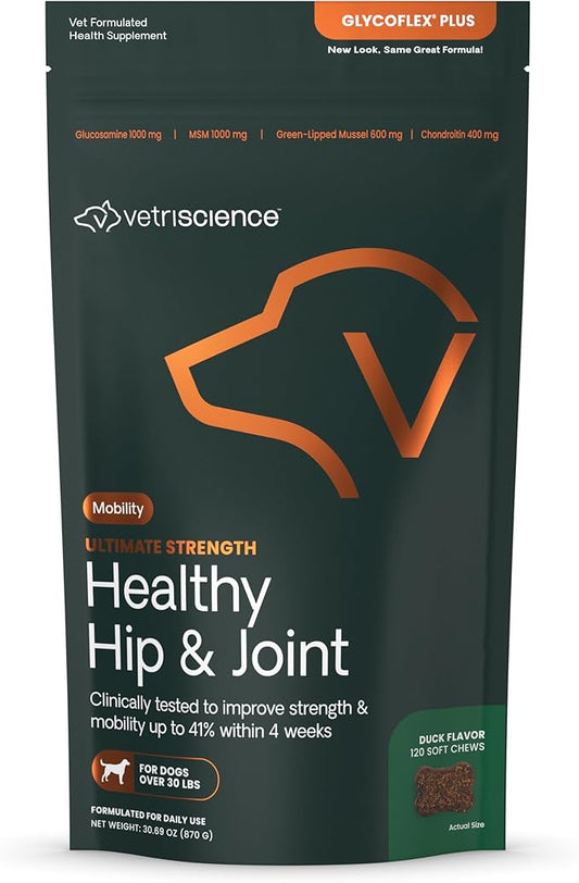 VetriScience GlycoFlex Ultimate Strength Healthy Hip & Joint Glucosamine Supplements for Dogs, with MSM, Chondroitin & Green-Lipped Mussel, Soft Chews, Duck, 120 Count - New Look