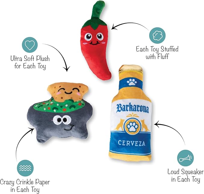 Fringe Studio "Happy Hour Pack, Set of 3, Small Plush Dog Toy Set, Pet Shop Collection (662120)