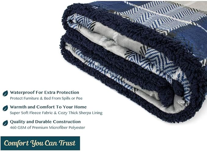 PAVILIA Waterproof Blanket for Couch, Sofa | Pet Protector for Large Dog, Puppy, Cat | Plush Soft Warm Fuzzy Sherpa Throw | Plaid Navy, 60x80