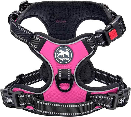 PoyPet No Pull Dog Harness, No Choke Front Clip Dog Reflective Harness, Adjustable Soft Padded Pet Vest with Easy Control Handle for Small to Large Dogs(Pink,L)