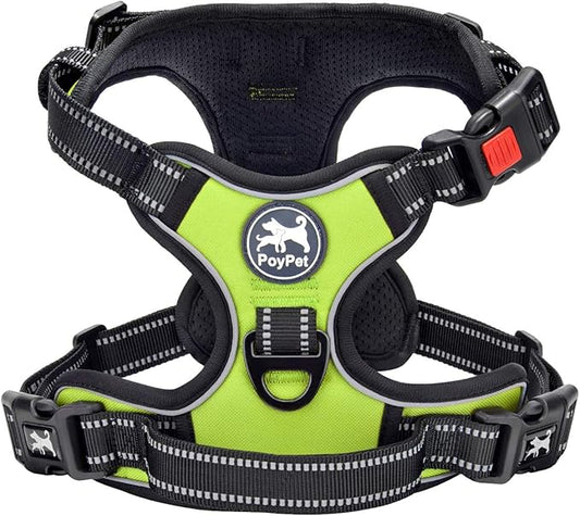 PoyPet No Pull Dog Harness, No Choke Front Clip Dog Reflective Harness, Adjustable Soft Padded Pet Vest with Easy Control Handle for Small to Large Dogs(Green,L)