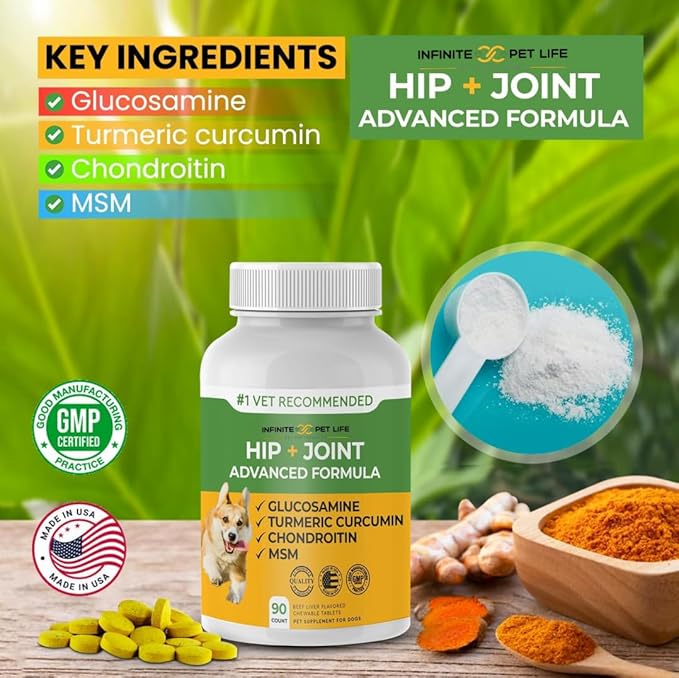 Advanced Hip and Joint Supplement for Dogs Large Breed - Glucosamine for Dogs Mobility & Pain Relief - All Natural Chondroitin, MSM & Turmeric Dog Joint Supplement - 90 Chewable Tablets