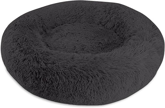 Arlee Donut Round Pet Dog Bed - Memory Foam - Calming Reduce Anxiety - Shaggy Vegan Fur - Assembled USA, Black