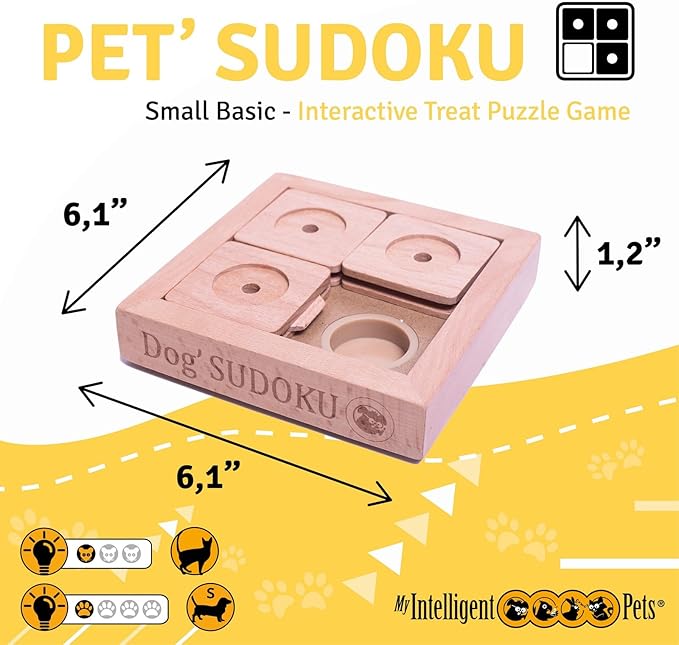 Interactive Wooden Sudoku Puzzle for Cats and Small Dogs - Basic Brain Pet Toy - 4 Treat-Hiding Holes, Small All-Wood Design