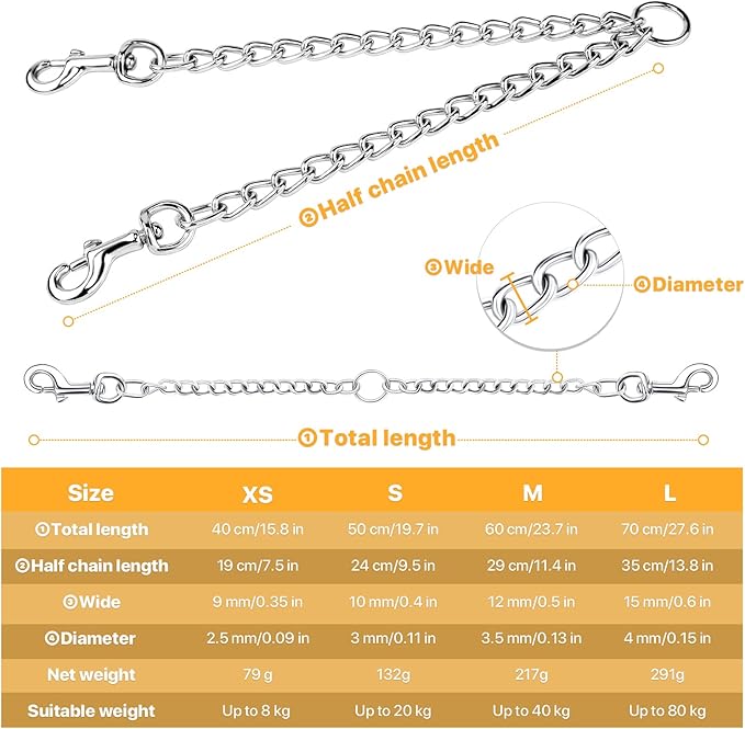 PETTOM Heavy Duty 2 Way Dog Lead Metal Chain Double Pet Clip Leash Coupler 360° Swivel No Tangle Double Dog Walking & Training Leash(XS 2.5mm*40cm Double Leash, Silver)