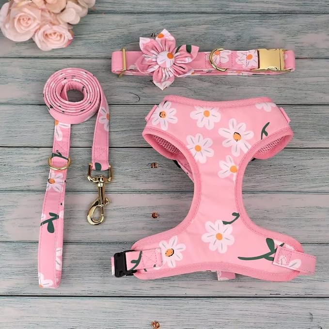 Beirui Cute Girl Dog Collars, Harnesses & Leashes Set - Adjustable Dog Collar and Leash Set with Flower - Soft Mesh Dog Vest Harness for Puppies Small Medium Dogs (Pink-1,XS)