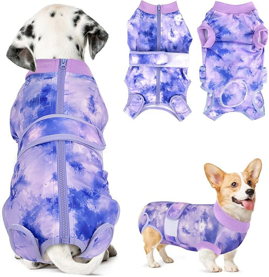 Lukovee Recovery Suit for Dogs, Zipper On Recovery Suit for Female Male Dog, Onesie Abdominal Wounds Cone E-Collar Alternative Prevent Licking Spay Recovery Suit (Small, Purple Tie-dye)