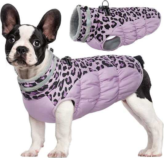 FUAMEY Dog Winter Coat - Cold Weather Jacket with Zipper, Built-in Harness, Padded Vest, Water Resistant, Reflective - Purple Leopard, S, M, L