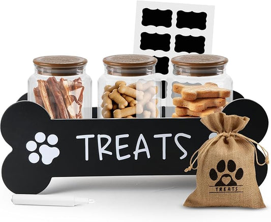 Dog Treat Container - Includes 3 Treat Jars, 1 Treat Bag, Wooden Pet Treat Holder, storage Basket, Dog Treat Station, with Reusable Sticker & Marker - Bone Shape