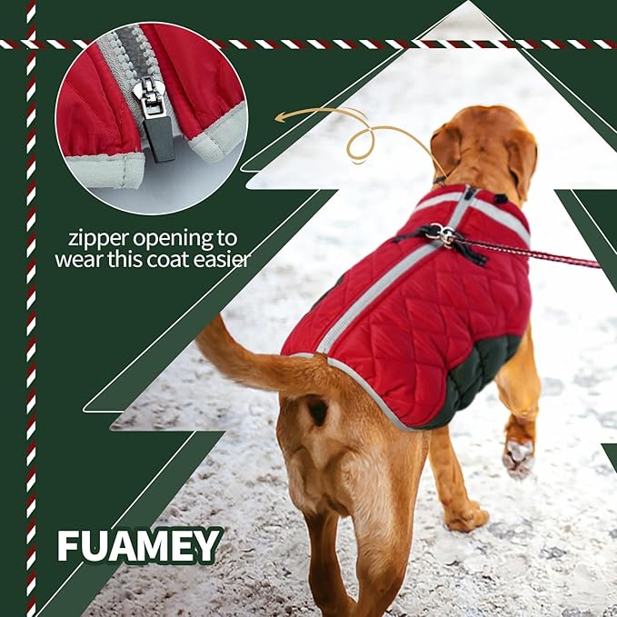FUAMEY Dog Winter Jacket,Dog Cold Weather Coats Paded Dog Vest with Harness Built in Pet Warm Clothes Dog Apparel with Back Zipper Dog Water Resistant Coat for Small Medium Large Dogs Christmas L
