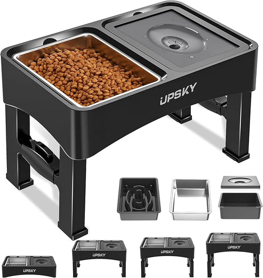 UPSKY 3-in-1 Elevated Dog Bowls: Slow Feeder & No-Spill Stand, Stainless Steel, Adjustable Height for Small & Medium Dogs