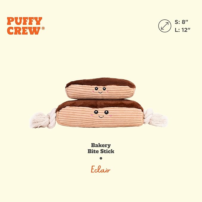 Squeaky Dog Plush Toy, Bakery Bite_Stick Collection, 12", for Various Sized Dogs (Eclair, Large)