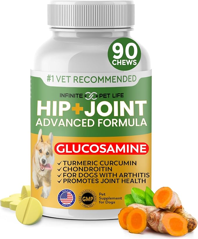 Advanced Hip and Joint Supplement for Dogs Large Breed - Glucosamine for Dogs Mobility & Pain Relief - All Natural Chondroitin, MSM & Turmeric Dog Joint Supplement - 90 Chewable Tablets