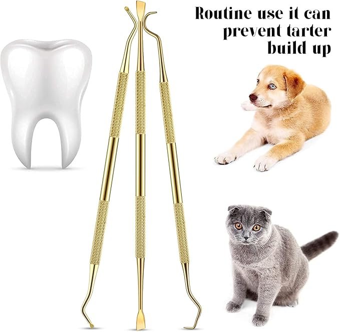 3 Pieces Dog Dental Tooth Scaler and Scraper Stainless Double Headed Tarter Removing Tool Scraper Pet Teeth Cleaning Tools for Dog and Cat(Gold)