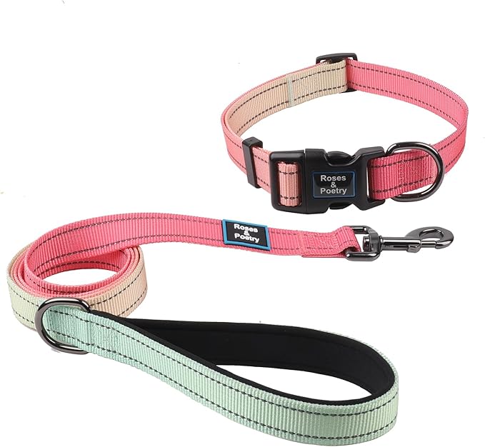 Roses&Poetry Pink Small Dog Collar and Leash Set, Reflective Puppy Leash and Collar Sets, Adjustable Durable Collars with Leashes for Puppies Dogs Girl (Pink Gradient-S)
