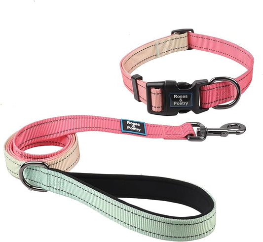 Roses&Poetry Pink Small Dog Collar and Leash Set, Reflective Puppy Leash and Collar Sets, Adjustable Durable Collars with Leashes for Puppies Dogs Girl (Pink Gradient-S)