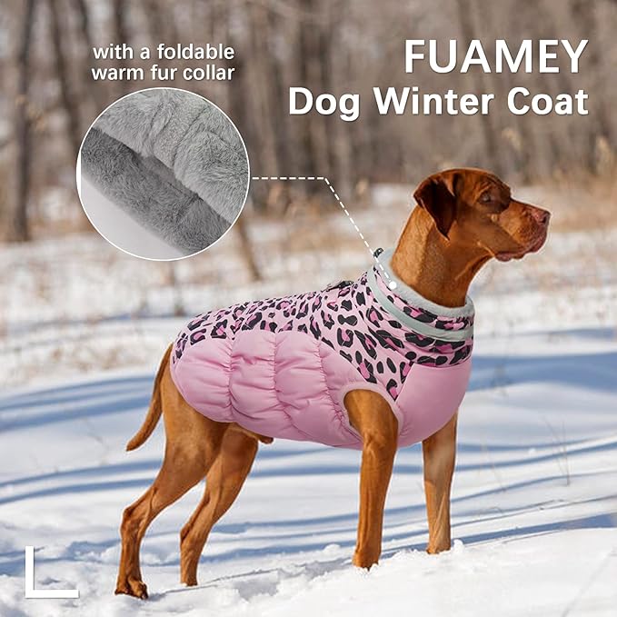 FUAMEY Dog Winter Coat - Dog Jacket with Zipper, Built-in Harness, Padded Vest, Water Resistant, Reflective - Pink Leopard, S, M, L