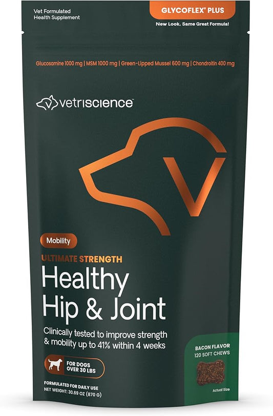 VetriScience GlycoFlex Ultimate Strength Healthy Hip & Joint Glucosamine Supplements for Dogs, with MSM, Chondroitin & Green-Lipped Mussel, Soft Chews, Bacon, 120 Count - New Look
