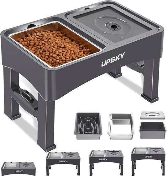 UPSKY Elevated 3-in-1 Dog Bowls: Slow Feeder, Stainless Steel adjustable (4 heights), no-spill, for small/medium dogs (Grey)