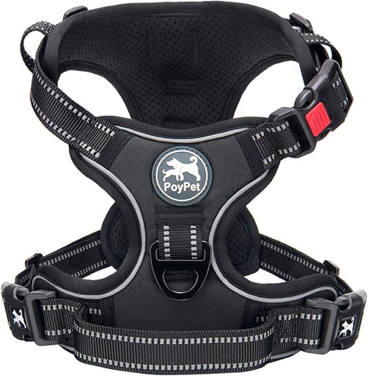 PoyPet No Pull Dog Harness, No Choke Front Lead Dog Reflective Harness, Adjustable Soft Padded Pet Vest with Easy Control Handle for Small to Large Dogs(Black,S)