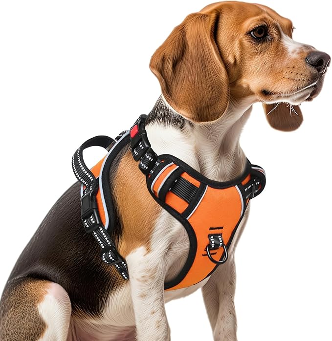 Timos Dog Harness Medium Sized, No Pull with Neck Lockable Snap,No Choke Front Clip Dog Reflective Harness,Adjustable Metal Rings 3 Buckles,Easy Control Handle for Medium Dogs Orange M